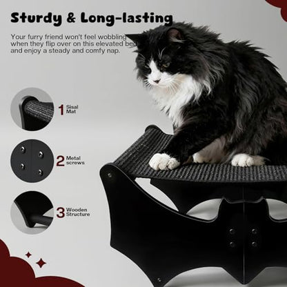 Gothic Cat Bed with Bat Design, Wooden Elevated Cat Beds with Sisal Scratching Mat, Cats Scratcher Bed with Removable Fluffy Cushion, Raised Pet Bed for Large Cats, 22" L x 17.7" W, Black - color: Gothic Black (Bat)