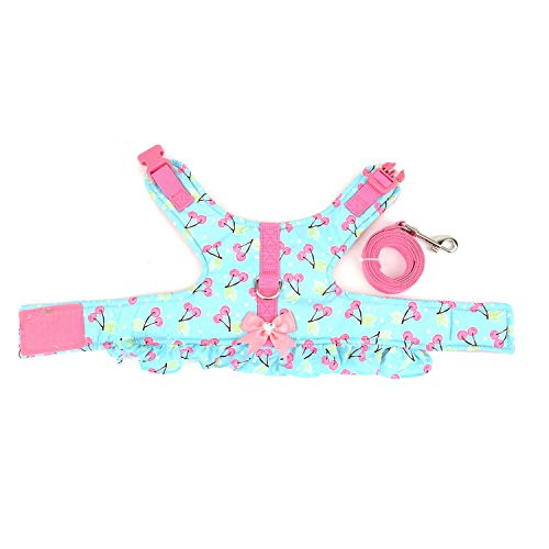 Zunea No Pull Small Dog Girl Harness Dress Escape Proof Cat Kitten Vest Harness Leash Set Step-in Soft Cotton Padded Cherry Printed Jacket Chihuahua Puppy Clothes with Bow for Walking Blue M - color: blue cherry, size: M (Chest:16.9-17.7", Neck:10.6-11.4"
