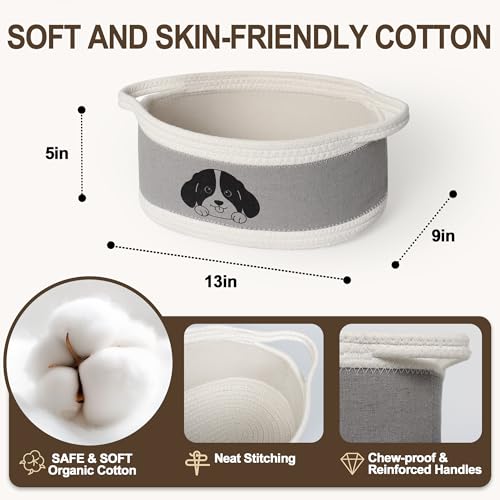 Small Dog Toy Basket, Cotton Rope and EVA Puppy Toy Bin with Cute Dog Print, Pet Toy Storage Box for Living Room Nursery, Decorative Woven Storage Pet Gift Basket Empty, 13”x9”x5”
