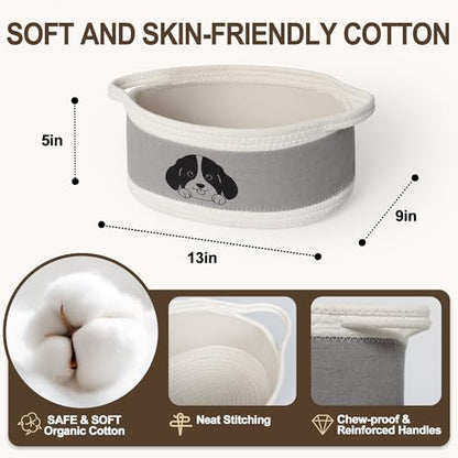 Small Dog Toy Basket, Cotton Rope and EVA Puppy Toy Bin with Cute Dog Print, Pet Toy Storage Box for Living Room Nursery, Decorative Woven Storage Pet Gift Basket Empty, 13”x9”x5”