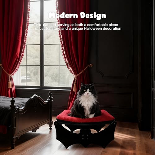 Gothic Cat Bed with Bat Design, Wooden Elevated Cat Beds with Sisal Scratching Mat, Cats Scratcher Bed with Removable Fluffy Cushion, Raised Pet Bed for Large Cats, 22" L x 17.7" W, Black - color: Gothic Black (Bat)