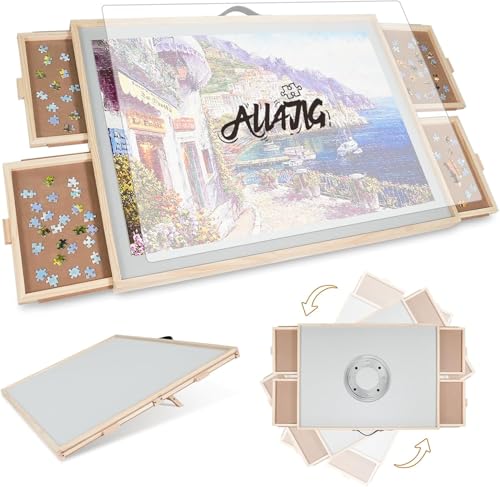 ALL4JIG 2000 Pieces 2-in-1 Tilting & Rotating Puzzle Board for Adults Gifts, Wooden Jigsaw Puzzle Table with 4 Drawers, 28.5" x 40.16" Portable Board with Lazy Susan and Cover - color: Metal, size: Large-2000pcs