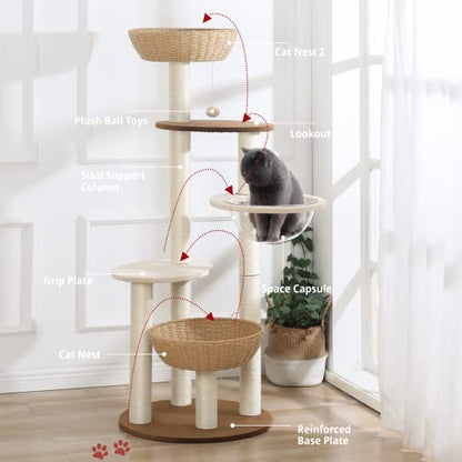 Modern Cat Tree Tower for Large Cats, Real Natural Sisal Luxury Cat Condo, Manual Hand Woven Wood Cat Tower, Indoor Cat Scratching Tree, New Cat Condo Lover Gift - color: Cat Tree Y818