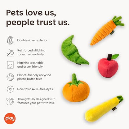P.L.A.Y. Cute Plush Dog Toys - Fruit & Vegetable Themed Durable Squeaker Chew Toy, Great for Puppies & Small, Medium, Large Dogs - Machine Washable, Recycled Materials (5 Piece Set) - color: Multi, size: Medium