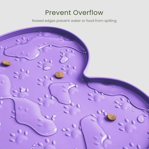 PWTAA Dog Food Mat Anti-Slip Silicone Dog Bowl Mat Thicker Pet Placemat Waterproof Cat Feeder Pad with Raised Edge Puppy Kitten Feeding Mats Suitable Small Medium-Sized Dogs Cats Eating Tray - color: Purple, size: 19.4" x 9.8"