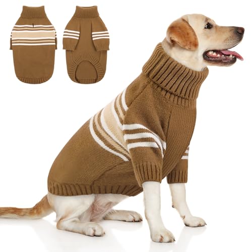 Queenmore Dog Striped Knitted Sweater, Turtleneck Pullover Pet Coat, Dog Winter Clothes with Leash Hole for Small Medium &Large Dogs(Brown,2XL) - color: Brown, size: XX-Large