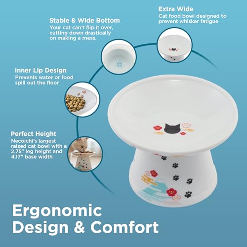Necoichi Elevated Cat Food Bowl, Ceramic (Porcelain), Whisker-Friendly, Dishwasher & Microwave Safe, Non-Slip Silicone Base, Anti-Vomiting & Neck Fatigue (Fuji, Extra Wide, 2-Cups Capacity). - color: Fuji, size: Large Extra Wide Flat (2 Cups)