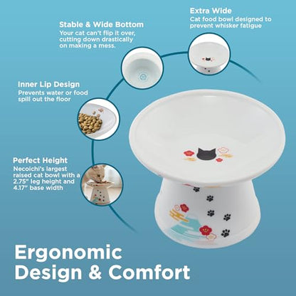 Necoichi Elevated Cat Food Bowl, Ceramic (Porcelain), Whisker-Friendly, Dishwasher & Microwave Safe, Non-Slip Silicone Base, Anti-Vomiting & Neck Fatigue (Fuji, Extra Wide, 2-Cups Capacity). - color: Fuji, size: Large Extra Wide Flat (2 Cups)