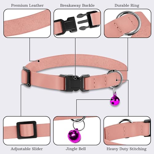 Breakaway Cat Collar with Bell - Leather Adjustable Kitten Collars with Safety Quick Release Buckle - Soft Small Pet Collars for Girl & Boy Cats (Rose) - color: Rose