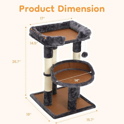 Multi-Level Cat Tower with Scratching Posts, Cat Tree with Double Cat Bed & Hanging Toys, Cute Climbing Tower with Sisal Scratcher for Kittens & Adult Cats, Grey - color: Grey