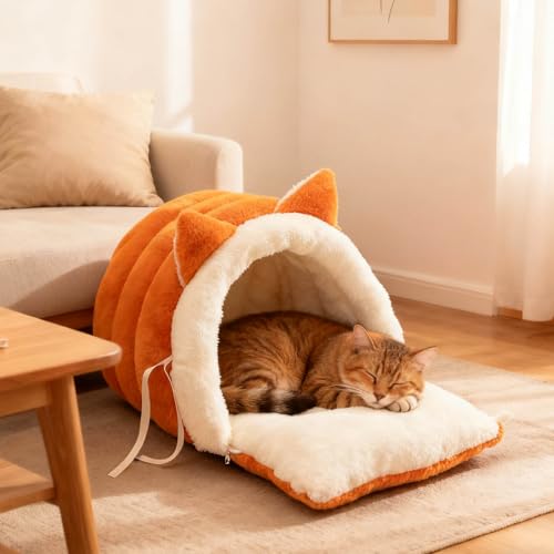 Washable Cat Bed - Warm Plush Washable Non-Slip | Semi-Enclosed Kitten Bed Cat Furniture,for Kitten Puppy Pet Sleeping Calming Cold Weather Indoor Home Decor Apartment Living Room (Orange) - color: Orange