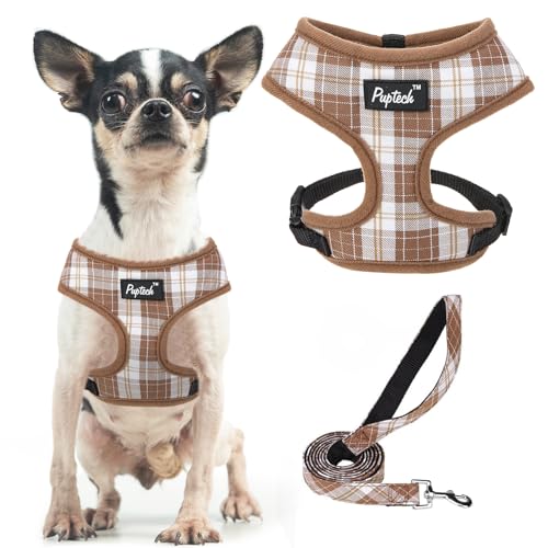 PUPTECK Soft Mesh Dog Harness and Leash Set Pet Puppy Cat Comfort Padded Vest No Pull Harnesses, Brown, XS - color: Brown, size: XS (NECK: 10", CHEST: 10"-14")