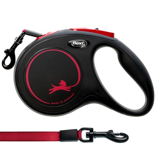 FLEXI New Classic Tape Retractable Dog Leash for Medium Dogs Upto 30-55 lbs. – 16 ft., Black Red |Tangle Free Pet Walking Leash with One-Handed Brake, Pause, Lock |German Quality Product - color: Black Fire, size: Medium - 16 Feet (Tape)