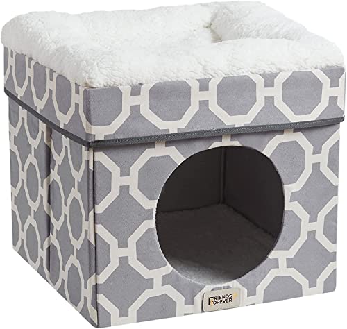 Friends Forever Taylor Upholstered Indoor Cat Bed, Collapsible Pet Cube Home, Kitten House With Sherpa Padding, Non Skid Base, Travel Friendly Foldable Ottoman Condo, Pop Up Tent Cave - Grey / Ivory