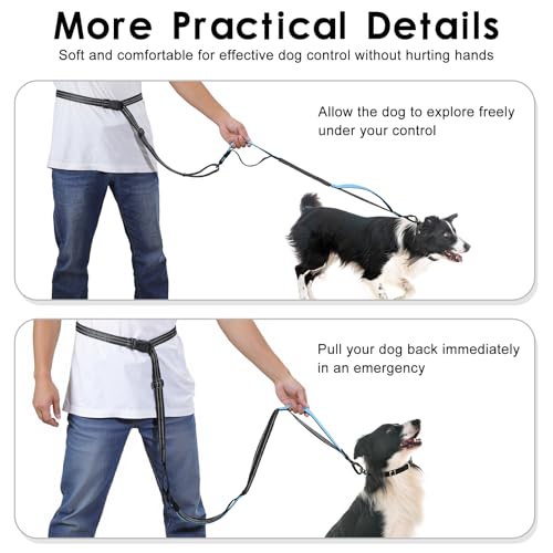 Hands Free Dog Leash, 8.2 FT Waist Leash for Walking, Jogging, Hiking, Adjustable Crossbody Belt with Double Padded Handles, Bungee Car Seatbelt Design for Medium Large Dogs, Black + Blue