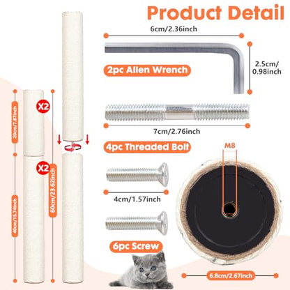 PowerKing Natural Sisal Replacement Scratching Post, 4 Pieces M8 Cat Scratch Post Refill Pole Parts for Refurbishment, White, Include Screws, White, 15.74''+15.74''+7.87''+7.87'' - color: White, size: 15.7''+15.7''+7.87''+7.87'' (2.67''Thick)