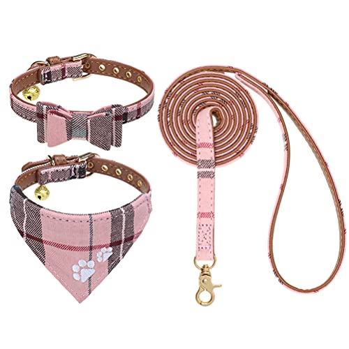 EXPAWLORER Puppy Collar and Leash Set - Plaid Dog Collar and Leash with Bow Tie and Bandana, Bell, XS Pink - color: Pink, size: X-Small