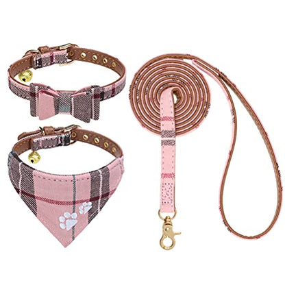 EXPAWLORER Puppy Collar and Leash Set - Plaid Dog Collar and Leash with Bow Tie and Bandana, Bell, XS Pink - color: Pink, size: X-Small