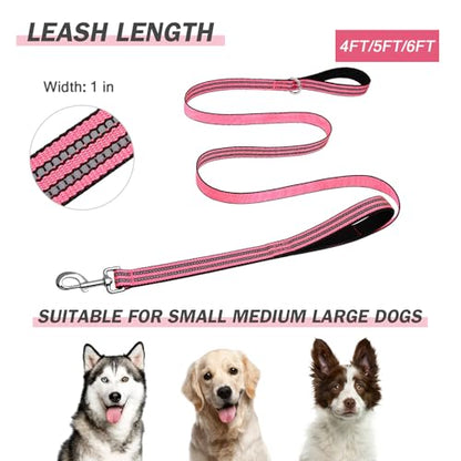 Hikiko 4 Foot Dog Leash with Two Handles Heavy Duty Double Handle Traffic Dog Leash Reflective Training Lead, Hot Pink - color: Hot Pink, size: 1 in x 4 ft