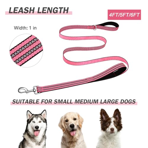 Hikiko 5 Foot Dog Leash with Two Handles Heavy Duty Double Handle Traffic Dog Leash Reflective Training Lead, Hot Pink - color: Hot Pink, size: 1 in x 5 ft
