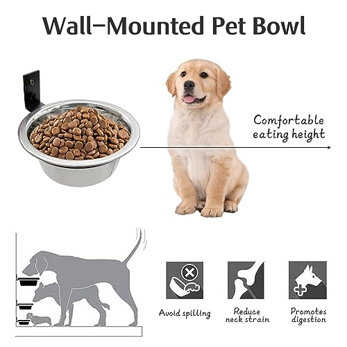 Hamiledyi 2 Pack Wall Mounted Elevated Dog Bowls - Adjustable Height Stainless Steel Raised Food & Water Bowls with Collapsible Stand for Medium & Large Dogs & Cats (M)