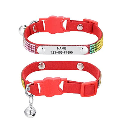 Personalized Cat Collar Breakaway Diamond Rhinestone with Bell, Customized Bling Kitten Pet Collar Adjustable with Engraved ID Name Plate (Red) - color: Red