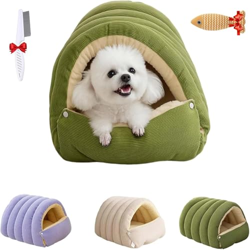 Removable and Washable Winter Closed-Off Cat Bed, Warm Cozy Comfort Pet Cave for Cats & Kittens, Machine-Washable Removable Cushion, Non-Slip Base - color: Green, size: 17.7*11.8*7.5 in