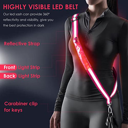 LED Belt Reflective Sash for Walking at Night, High Visibility Adjustable Night Running Safety Gear Rechargeable LED Light Up Running Belt Reflective Gear for Runners Walkers Men Women - color: red