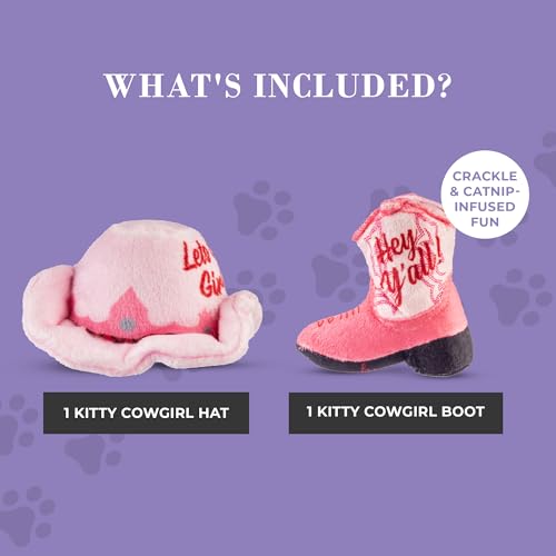 Haute Diggity Kitty Cowgirl Set, Plush Cat Toys Catnip Filled with Interactive Crackle Sound, Safe & Durable Toys for Cat & Kitten, 2 Pcs - style: Kitty Cowgirl Hat + Boot