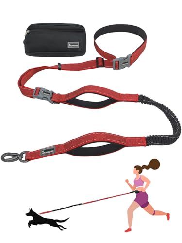 Hands Free Dog Leash with Zipper Pouch & Waist Belt – Reflective Durable Bungee Leash with Dual Padded Handles for Walking, Jogging & Running, Fits Small to Large Dogs (Red) - color: Red
