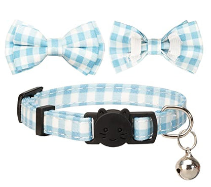 Cat Collar with Bow Tie 2pcs Set Bell Boy Girl Kitten Safety Plaid Grid Checkered Solid Color Suede Velvet Cute Soft Gift [2pcs] Blue - color: Style A-[2pcs] Blue