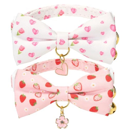 2 Pack Cat Collars, Removable Bowtie, Pink Heart Pattern, Safety Breakaway Clasp, Adjustable for Cats.(Adult Cat, Pink Strawberry and White Heart) - color: Pink+White