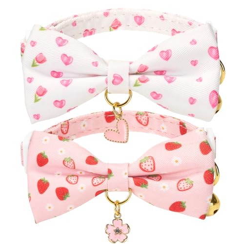 2 Pack Cat Collars, Removable Bowtie, Pink Heart Pattern, Safety Breakaway Clasp, Adjustable for Cats.(Adult Cat, Pink Strawberry and White Heart) - color: Pink+White