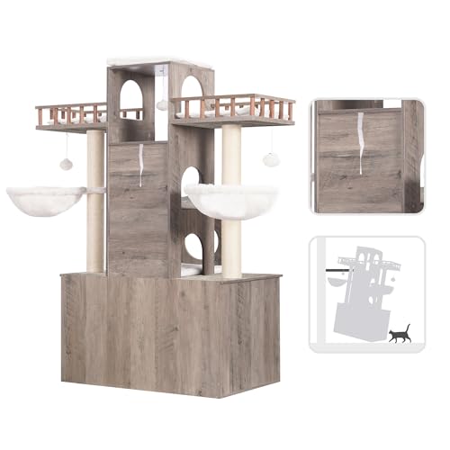 Heybly Cat Tree with Litter Box Enclosure for Indoor Big Cat, Cat Tower for Large Cats 20lbs Heavy Duty, Modern Cat Condo Furniture with Scratching Posts, Rustic Gray HCT110SG - color: Rustic Gray
