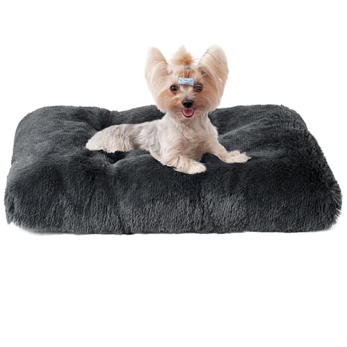 EHEYCIGA Fluffy Dog Crate Bed for Small Dogs, Plush Faux Fur Crate Pad, Calming Anti Anxiety Small Dog Bed, Washable Soft Warm Mat with Non-Slip Bottom, Dark Grey - color: Dark Grey, size: 23.6 x 17.5