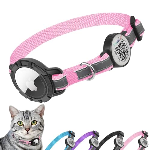 Airtag Cat Collar Breakaway with QR Code Name Tag, Reflective cat Collar airtag Holder with Bell, Cat ID Tag Personalized, Ultra-Durable, Adjustable, Quick Release, Fits Small Large Cats, Pink - color: Pink