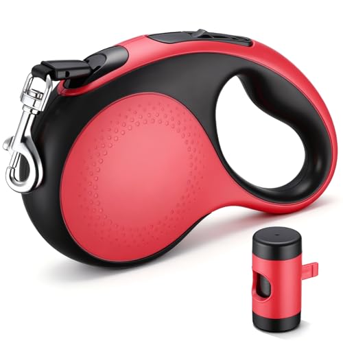 Segarty 16 Ft Retractable Leash with Waste Bag Dispenser, 5m Dog Leash Anti-Slip Handle and 360°Tangle-Free Retraction for Pets up to 66 lbs, Dogs Walking Accessories with One-Handed Brake Pause Lock - color: Red, size: 16ft(up to 66 lbs)