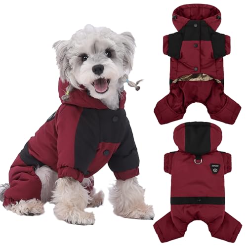 Warm Dog Coat with Hood,Waterproof Windproof Winter Full Body Dog Jacket Snowsuit,Adjustable Cold Weather Pet Clothes (Red, M) - color: Red, size: M