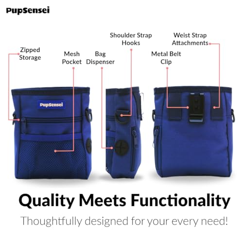 Dog Treat Pouch for Training – Magnetic Dog Treat Bag with Belt Clip & Poop Bag Dispenser – Hands Free Carry Pouch with Auto-Close Access & Shoulder Strap – Durable Pet Gear – Navy Blue - color: Navy Blue