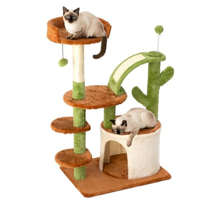 Cactus Cat Tree for Indoor Cats, 36.6" Small Cat Tower with Sisal Scratching Posts, Stable Cat Condo with Perches and Climbing Steps, Brown - color: Brown-1
