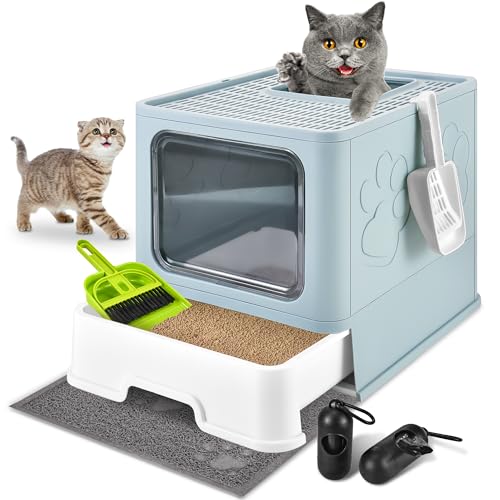 Cat Litter Box with Litter Mat, Foldable Extra Large Free in and Out/One-Way with Lid, Drawer Type Enclosed Kitty Litter Box,Odor Control Anti-Splashing Easy Cleaning (Blue) - color: Blue