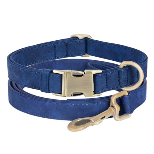 Genuine Leather Dog Collar - Adjustable Pet Collar with Quick Release Metal Buckle, Soft Skin Friendly Real Leather Collar for Small, Medium, Large Dogs (Blue Collar + Rope, M：Fit 12-20" Neck) - color: Blue Collar + Rope, size: M：Fit 12-20" Neck