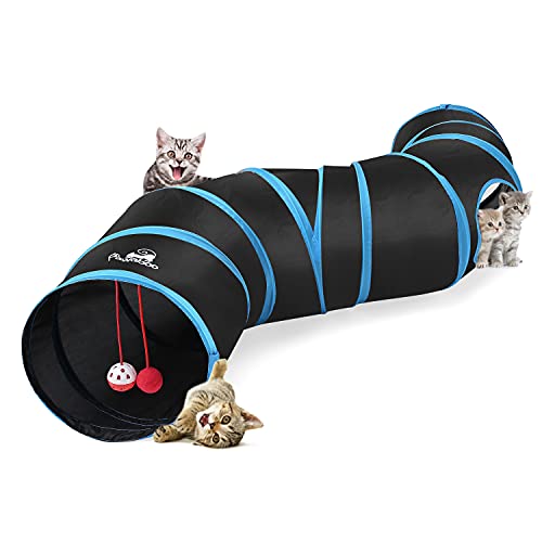 Pawaboo Cat Toys, Cat Tunnel Tube S-Shaped Tunnels 25x97cm Extensible Collapsible Cats Play Tent Interactive Toy Maze Cats House with Balls and Bells for Kitten Kitty Rabbit Small Animal, Blue - color: Blue, size: S Way