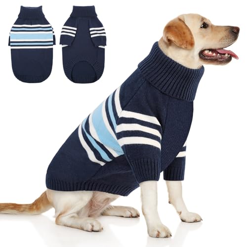 Queenmore Dog Striped Knitted Sweater, Turtleneck Pullover Pet Coat, Dog Winter Clothes with Leash Hole for Small Medium &Large Dogs(Navy Blue,2XL) - color: Blue, size: XX-Large
