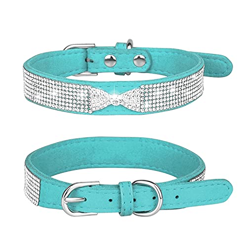 Rhinestone Dog Collar, Cute Dazzling Sparkling Soft Suede Leather Adjustable Pet Dog Cat Collar Crystal Diamond for Puppy Small Medium Large Dogs (XS:21 - 27 cm, Blue-2) - color: Blue-2, size: XS:21 - 27 cm