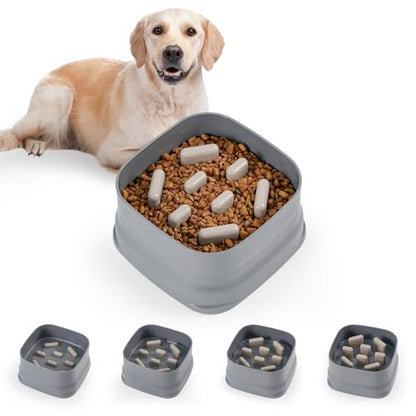 Slow Feeder Dog Bowls Large Breed Puppy Puzzle Feeding Dish Maze Feed Bowl Small Medium Dogs Plate Adjustable Ridges to Slower Down Eating Anti-slip Easy to Clean Indoor Use 7.5*7.5*4 in(Grey)