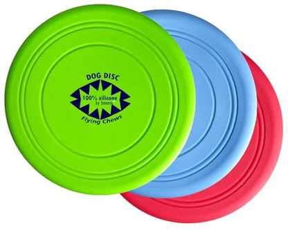 100% Silicone Flying Disc for Dog Training Soft Safe 7 Inches 3 Pack Durable in Green Blue, Red Color