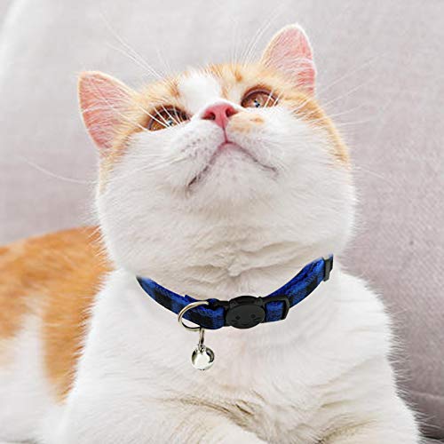 MJIYA Stylish Plaid Cat Collars with Bells - Adjustable Breakaway Kitten Collar (8-12 Inches) - Cute Collar for Girls and Boys - Pet Gift and Accessory（Blue, M - color: Dark Blue