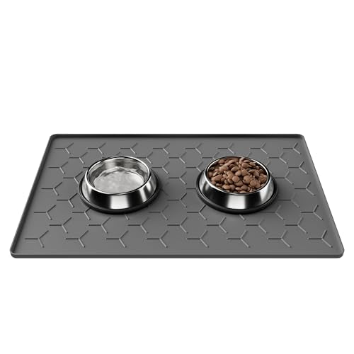 Pieviev 24''x16'' Dog Cat Food Bowl Mat, Silicone Waterproof Food Grade Pet Food Mat for Floor, High Raised Edge to Prevent Spills, Non-Slip & Easy Clean Pet Placemat for Dog & Cat Bowls, Dark Gray - color: Dark Gray, size: M-24''X16''