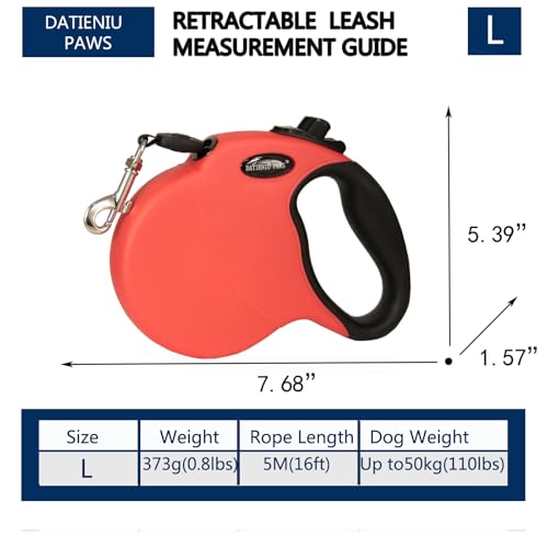 16Ft Chew Proof Retractable Dog Leash Anti-Chewing Wire Ropes Hands-Free Adjustable Safety Lock Durable Nylon Belt for Large Dogs Red L - color: Red, size: Large